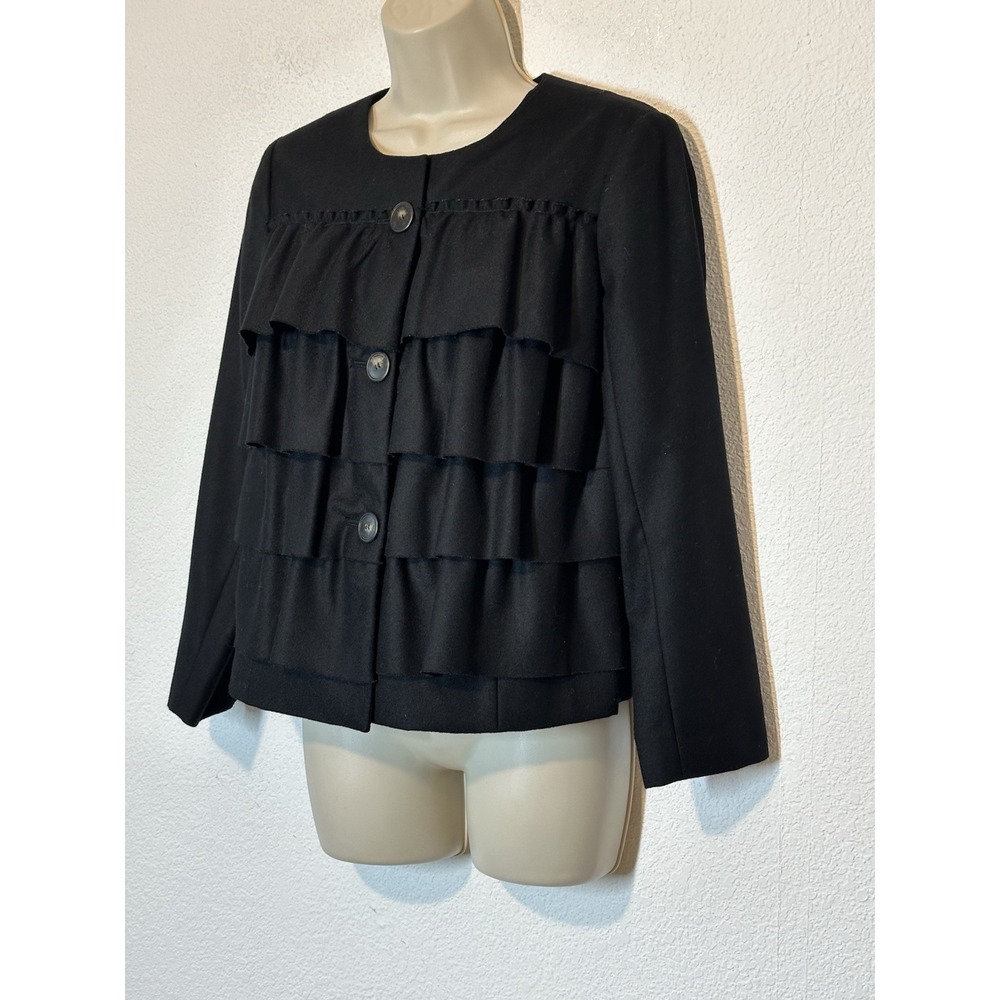 J. Crew Blazer Jacket Black100% Wool Ruffle Tiered Button Up Lined Size 2 Small - Picture 2 of 7